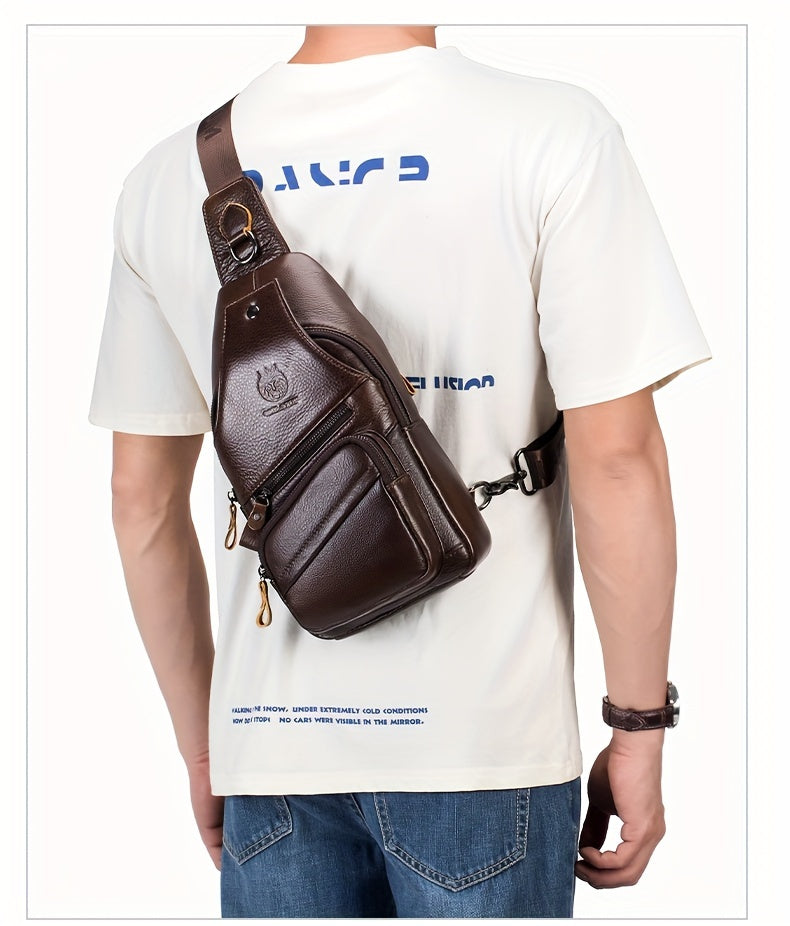Men's Top Layer Cowhide Sling Bag, Genuine Leather Crossbody Bag, Retro Fashion Commuter Bag Multi-functional Travel Slant Shoulder Bag