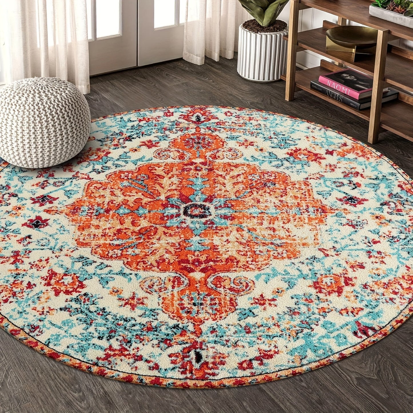 Bohemian Floral Medallion Area Rug - Oriental Distressed Bedroom Arabian Carpet Country Vintage Faux Wool Indoor Throw Mat Non-Slip Washable Low-Pile Carpet For Bathroom Living Kitchen Laundry Room