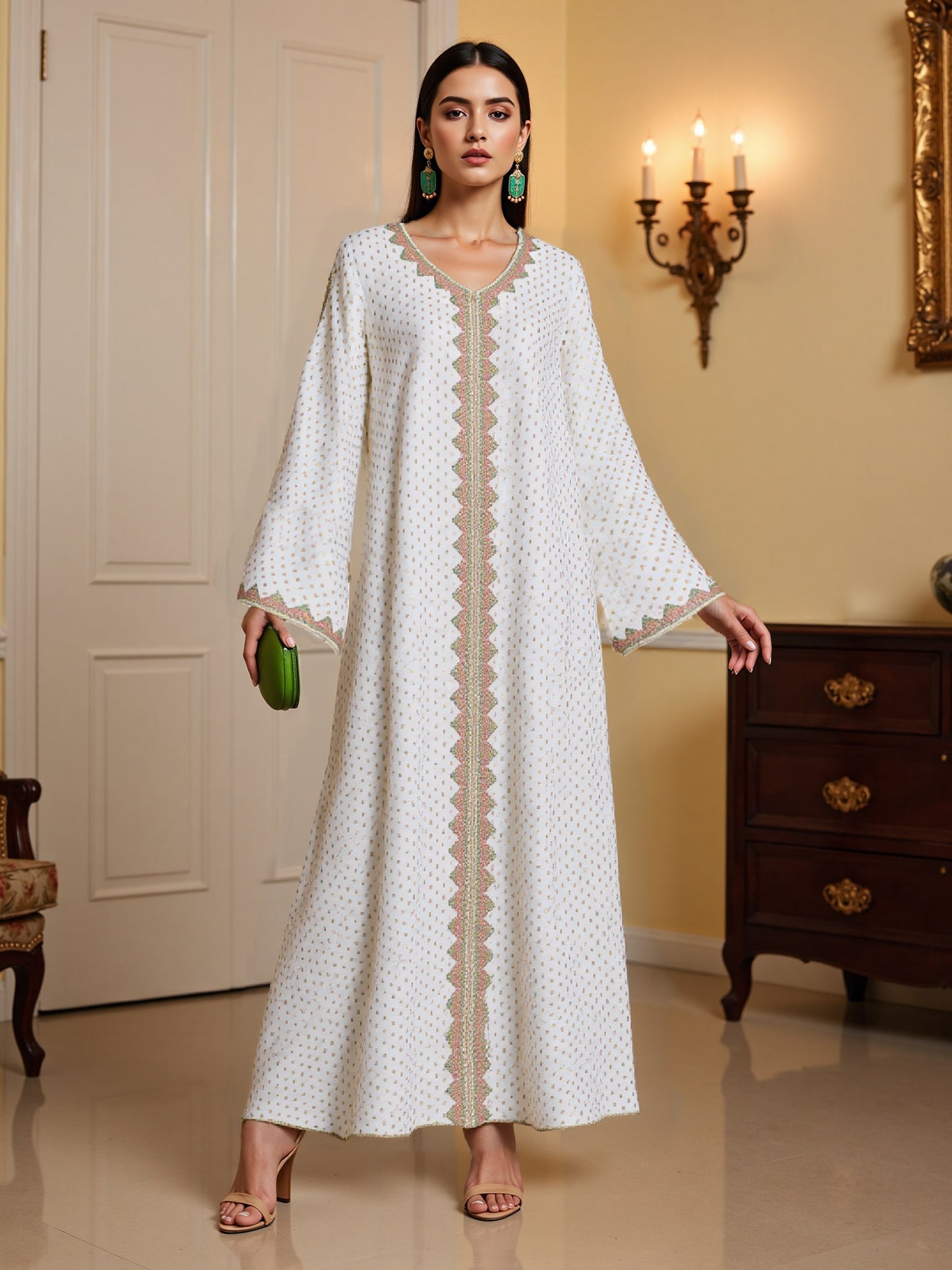Elegant V-Neck Long Sleeve Baju Abaya Dress for Women - Green & White Polka Dot, Loose Fit with Pockets, Perfect for Daily Wear, Spring/Fall Fashion, Casual Attire | V-neck Dress | Polyester Fabric