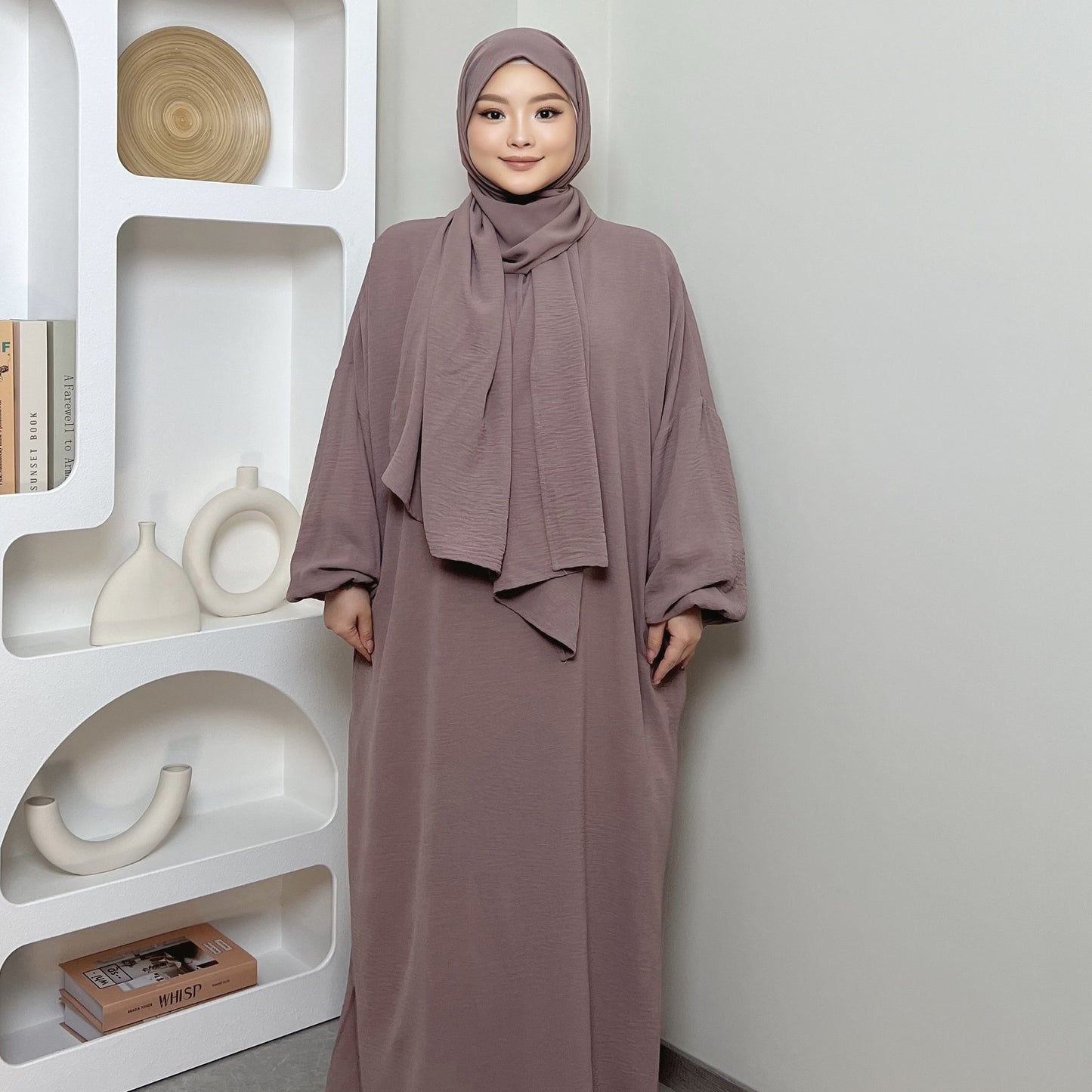 Elegant Crepe Hooded Jibab Abaya Hijab | Modest Long Sleeve Full Coverage Prayer Dress with Attached Scarf & Pockets, Machine Washable Medium Stretch Solid Color