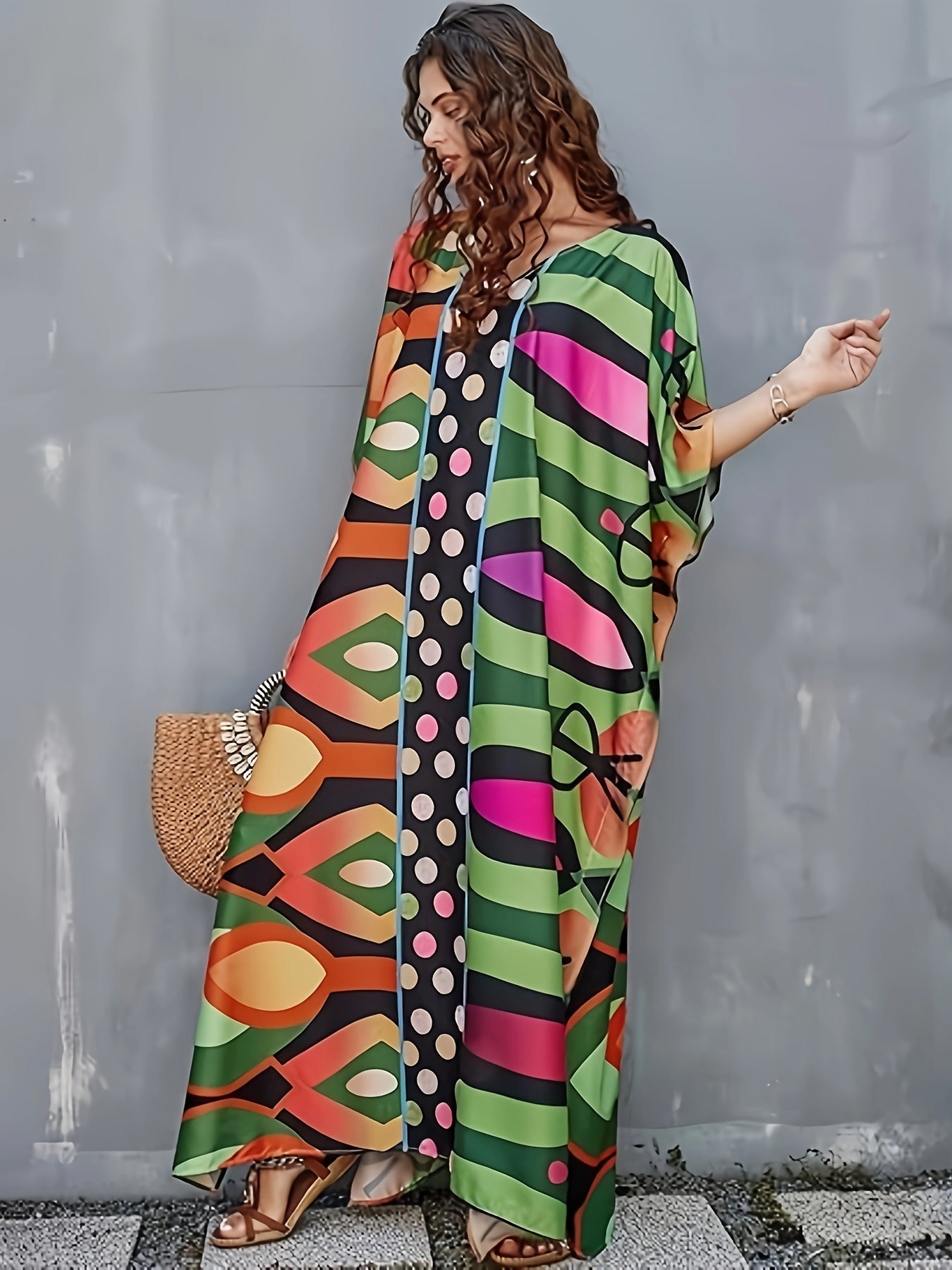 Kaftan Dresses for Women, V-Neck Print Beach Kaftan Swimsuit Cover Ups with Bow-Knot