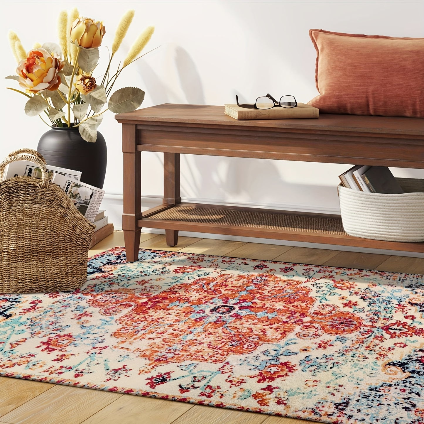 Bohemian Floral Medallion Area Rug - Oriental Distressed Bedroom Arabian Carpet Country Vintage Faux Wool Indoor Throw Mat Non-Slip Washable Low-Pile Carpet For Bathroom Living Kitchen Laundry Room