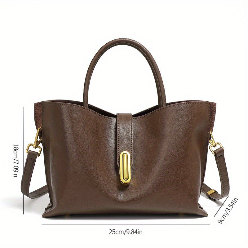 Genuine Leather Women's Crossbody Tote Bag - Vintage Style with Golden-Tone Buckle Closure