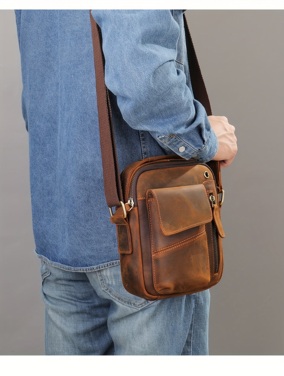 Crazy Horse Leather Shoulder Bag For Men, Fashionable Sling Bag For 7.9-in Tablet, Retro Crossbody Bag For Hanging Out & Daily Commute