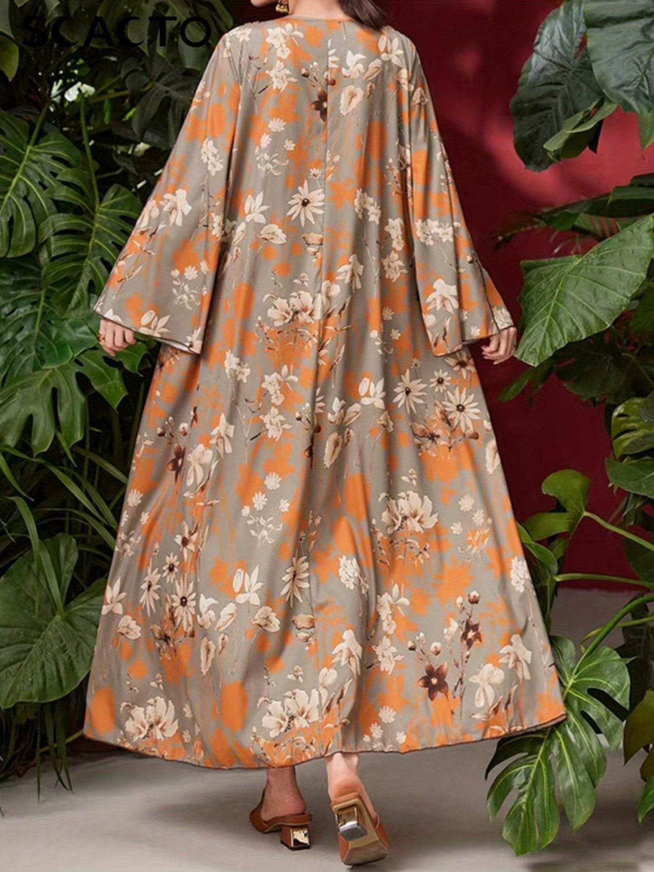 Plus Size, Women's Elegant Plus Size Floral Print Maxi Dress| Baju Abaya - Middle Eastern Bohemian Style Embroidery Long Dress