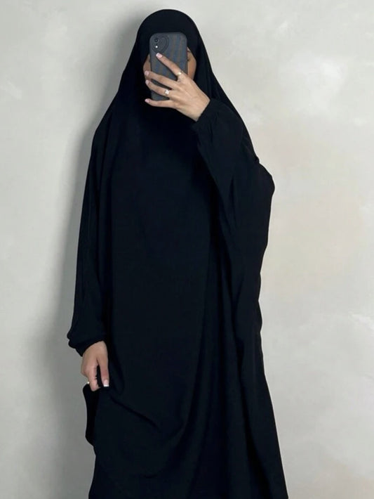Elegant Solid Black Baju Abaya Prayer Dress - Loose Fit Batwing Sleeves Long Sleeve Ramadan Abaya with Hijab Headscarf, Traditional Middle Eastern All-Season Long Robe for Women