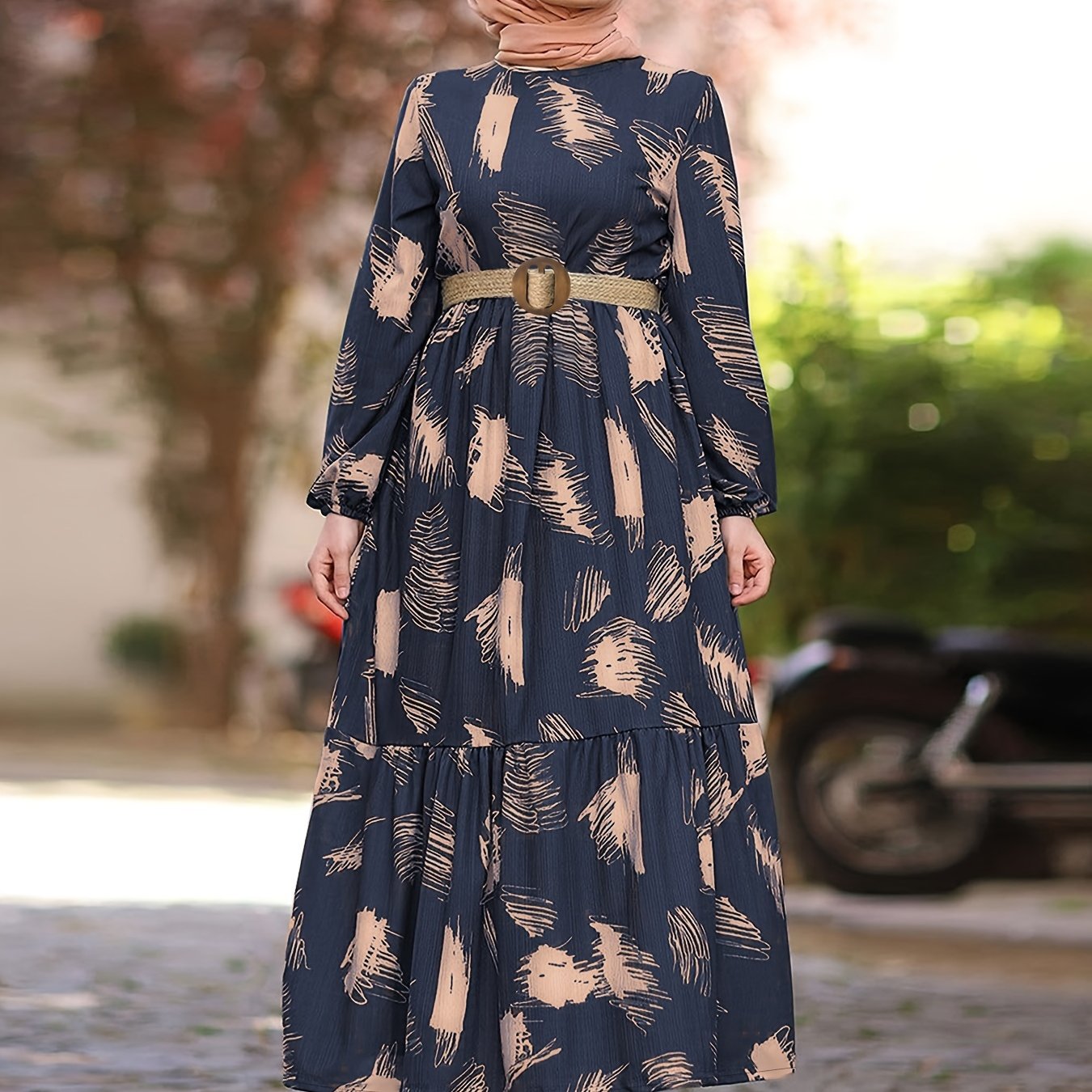 Ramadan Casual Long Sleeve Maxi Kaftan Abaya | Women's All Over Print Crew Neck Dress