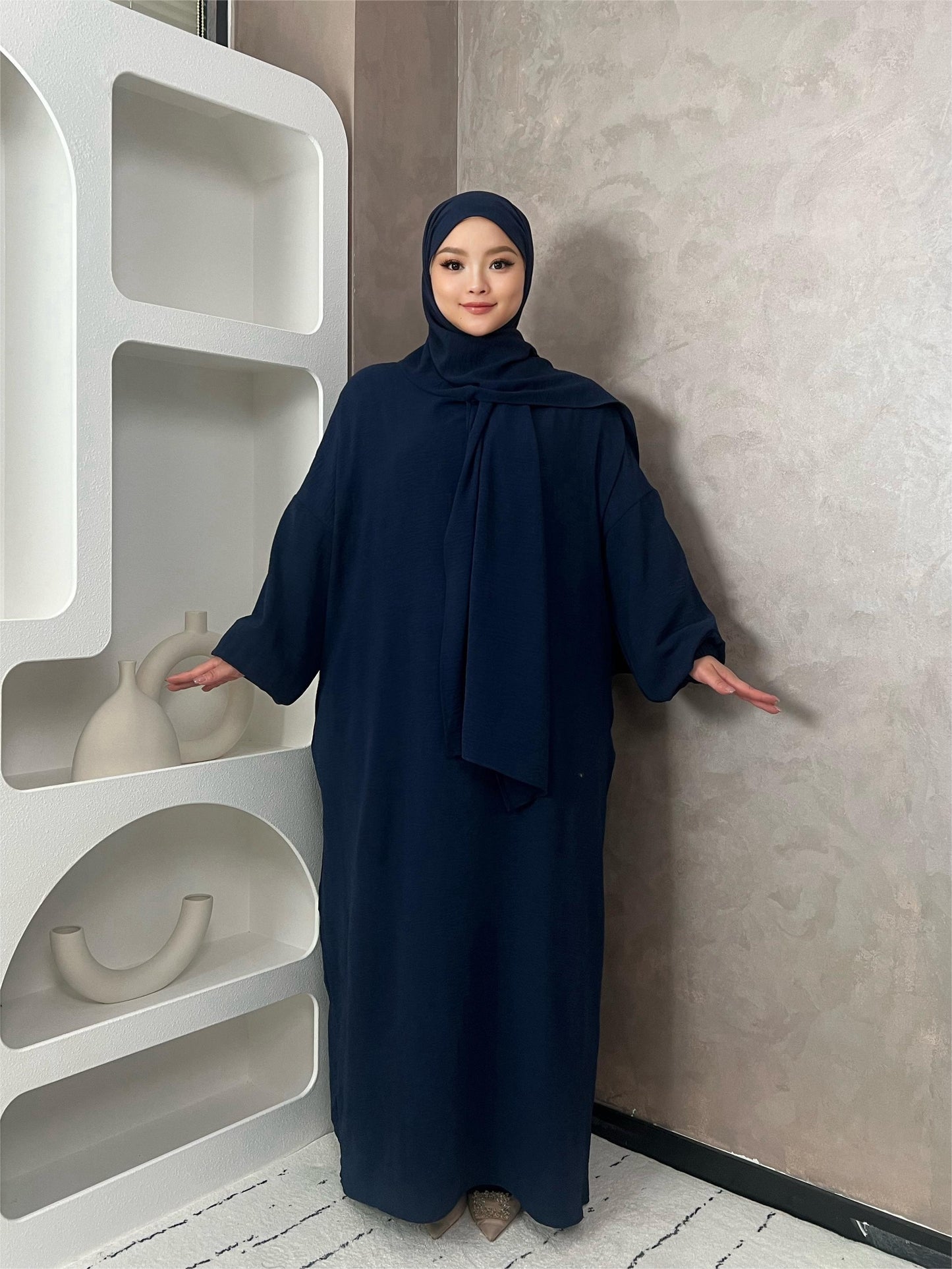 Elegant Crepe Hooded Jibab Abaya Hijab | Modest Long Sleeve Full Coverage Prayer Dress with Attached Scarf & Pockets, Machine Washable Medium Stretch Solid Color