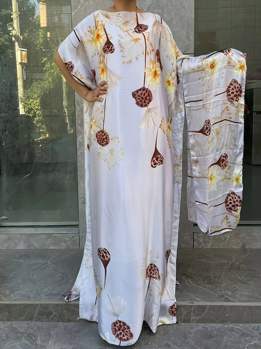 Women's Printed Long Baju Abaya with Scarf- Lightweight Polyester Batwing Sleeves, Loose Round Neck H-Shaped Spring/Summer Outfit, Suitable for Parties and Casual Wear