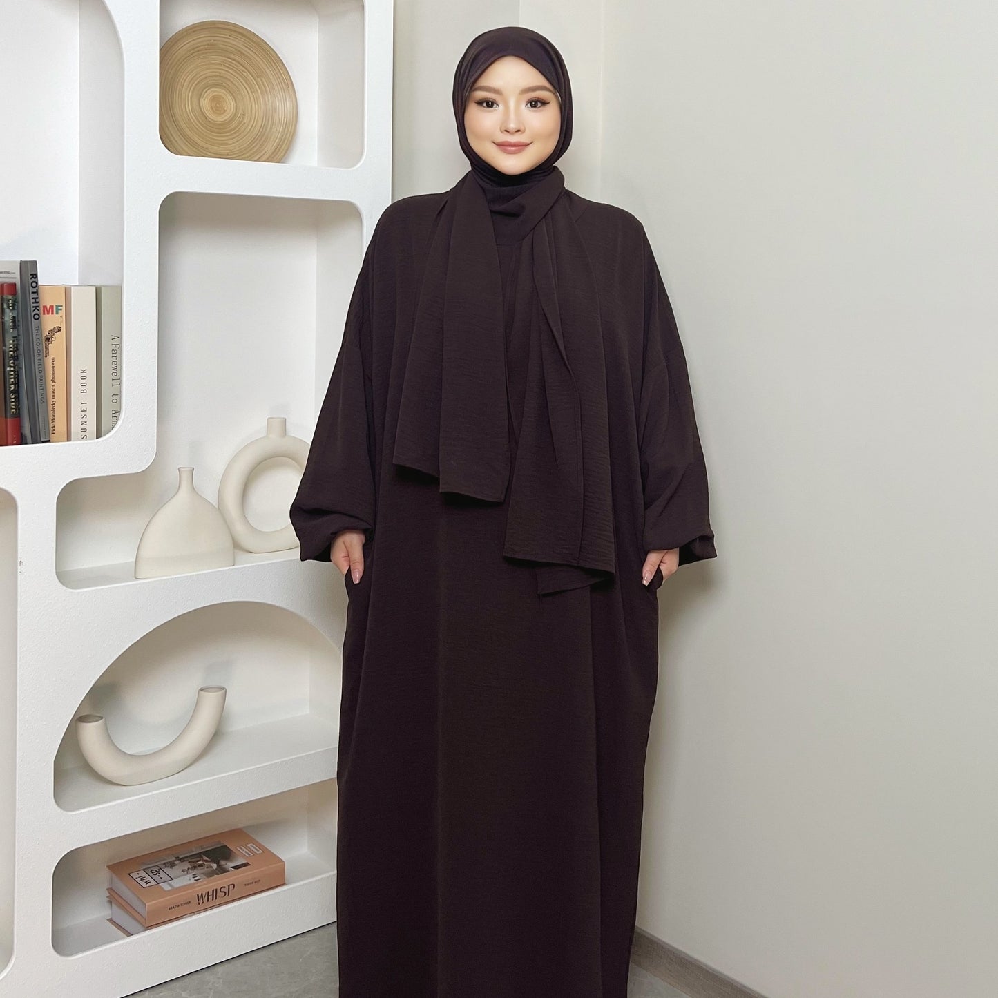 Elegant Crepe Hooded Jibab Abaya Hijab | Modest Long Sleeve Full Coverage Prayer Dress with Attached Scarf & Pockets, Machine Washable Medium Stretch Solid Color