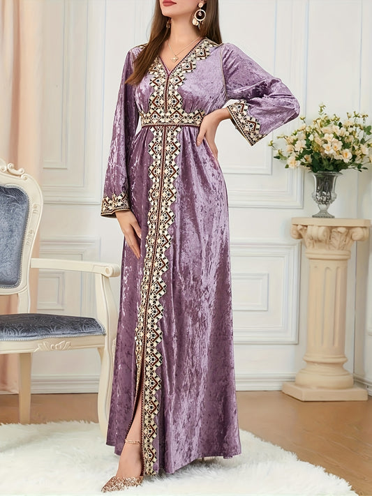 Women's Muslim Velvet Embroidered Abaya with Long Sleeves, V-Neck Moroccan Party Kaftan, Turkish Arabic Maxi Dress.