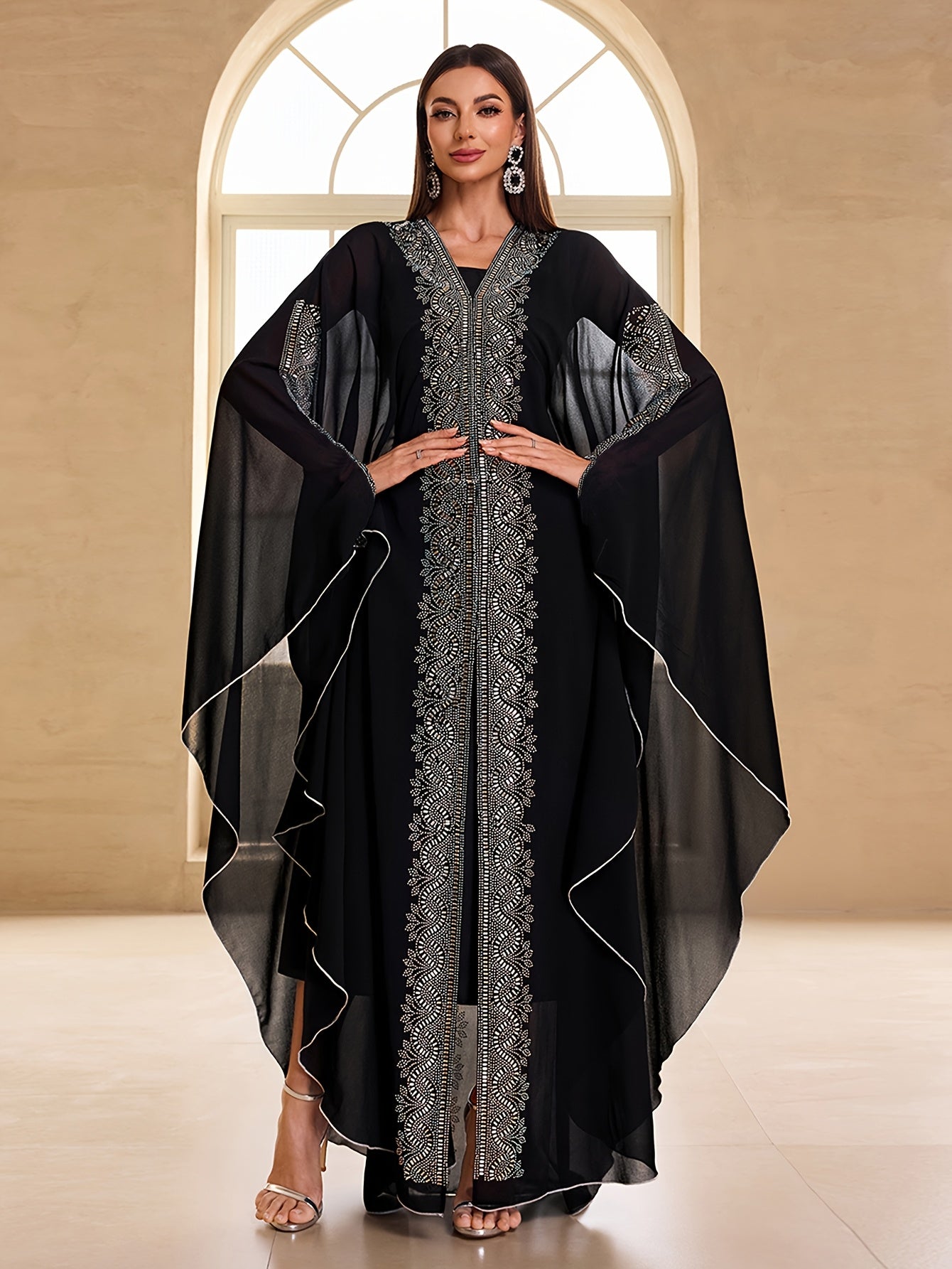 Women Modest Festival Abaya Dress Arabic Style Rhinestone Chiffon V-Neck 2pcs Set Prom Party Long Dress Turkish Style Hooded Long Sleeve Dress Kaftan Arabian Dress