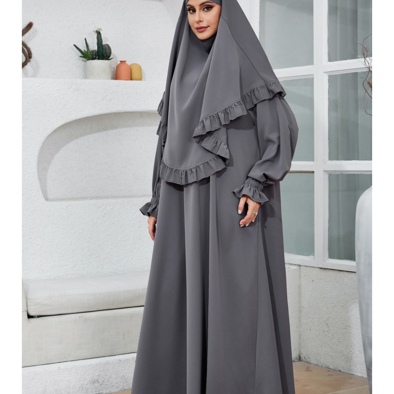 Polyester Women's Elegant Long Robe & Khimar Abaya Set | Turkish Dubai Style Hijab, Loose Fit, No Belt, Perfect for Spring/Summer, Middle Eastern Fashion, Long Sleeve