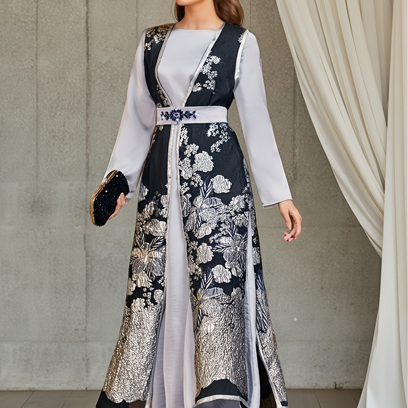 Middle Eastern Women's Casual Printed Emirati Abaya Set, Two-Piece Outfit with Floral Pattern and Rhinestone Embellishments, Long Sleeve, Spring/Summer Wear