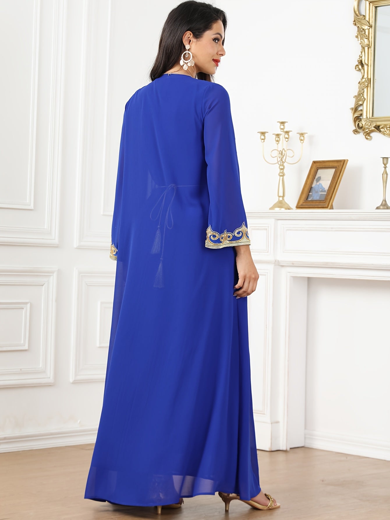 New Middle Eastern Emirati Abaya Dress + Cardigan Lace Embroidery Long Sleeve Two-Piece Robe Dress