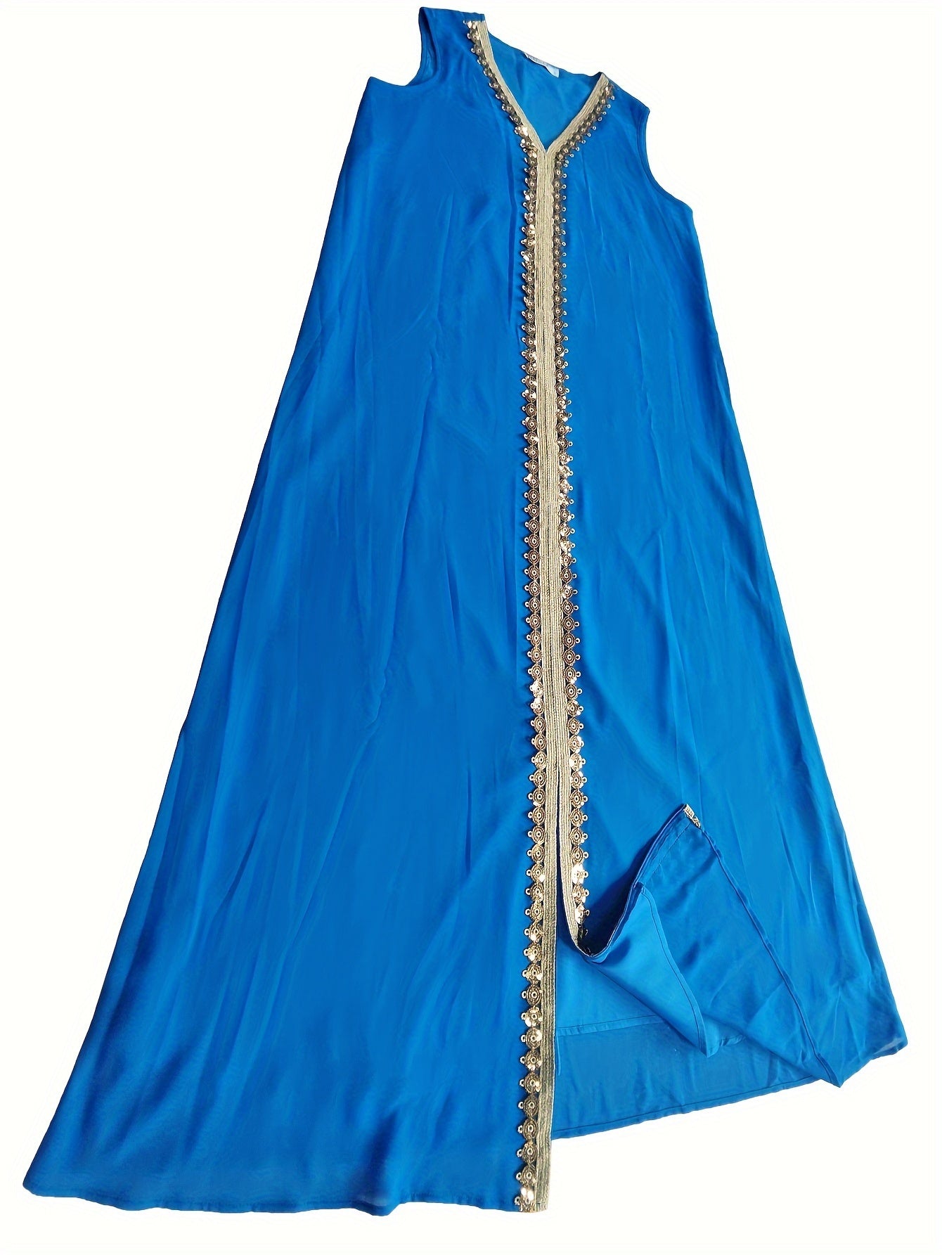 Two-piece Set: Fashion Embroidered Vest with Waist Cincher and Long Skirt + Cardigan with Sequins and Split Long Sleeves Abaya Gown Dress