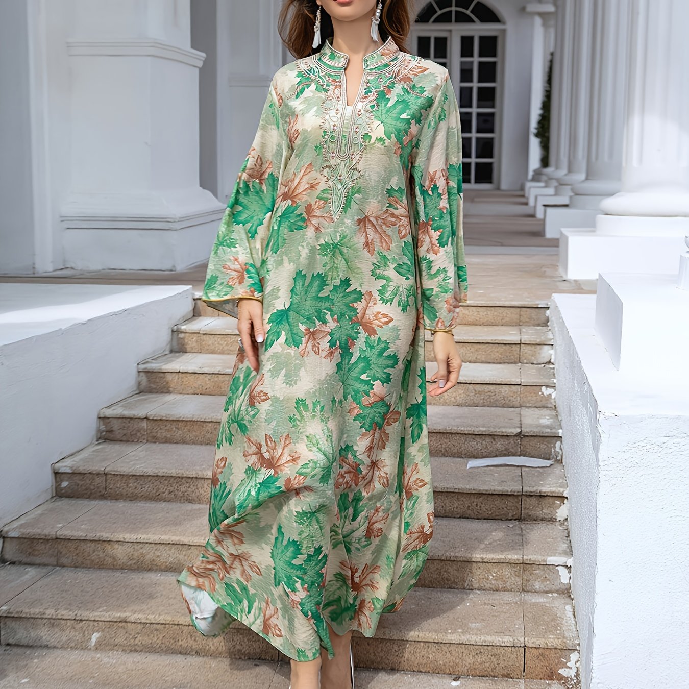 Women's Elegant Floral Baju Abaya Dress - Long Maxi robe with Flowy Loose Fit, Beige & Orange Floral Print Formal & Everyday Islamic Dress - Machine Washable Muslim Wedding Guest Outfit