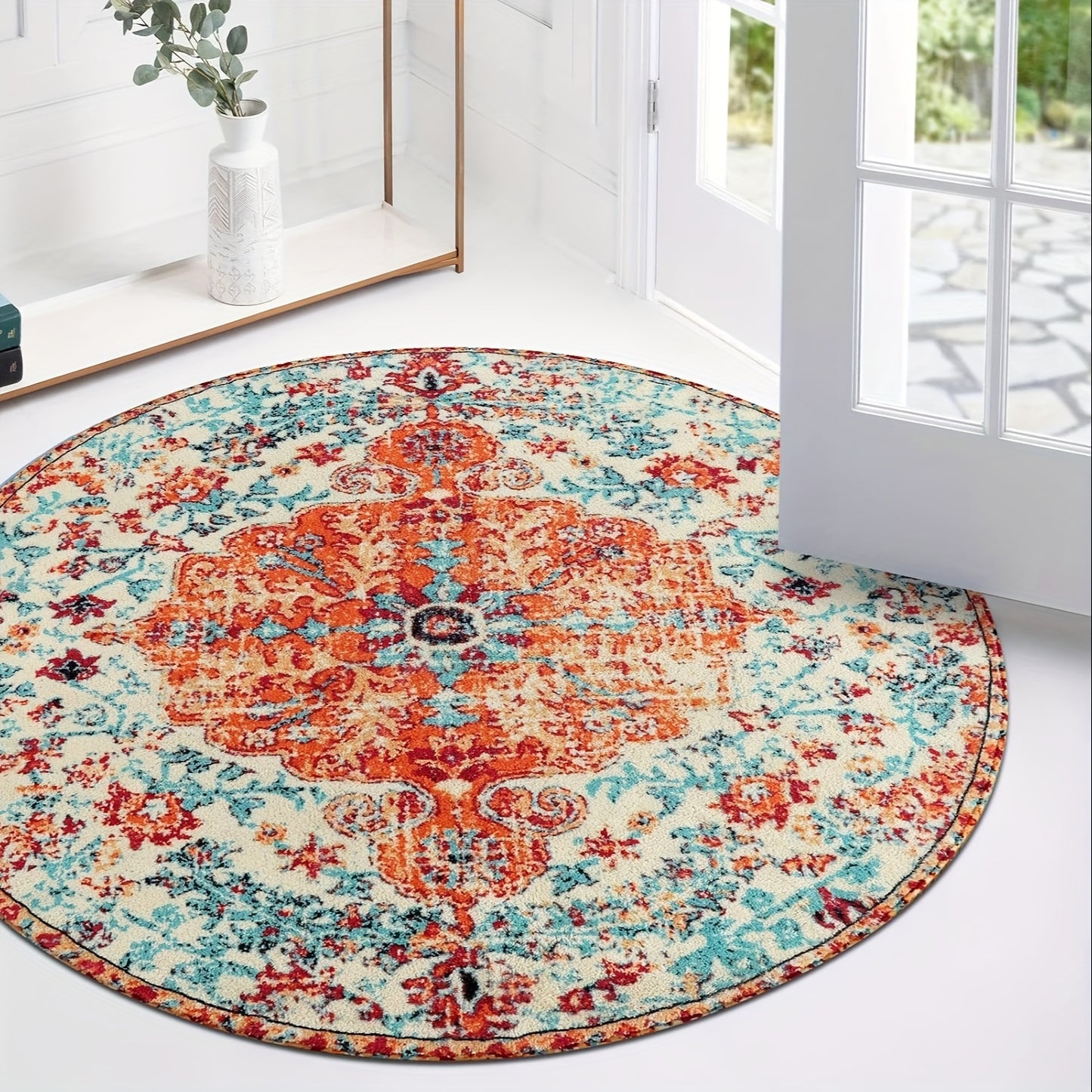 Bohemian Floral Medallion Area Rug - Oriental Distressed Bedroom Arabian Carpet Country Vintage Faux Wool Indoor Throw Mat Non-Slip Washable Low-Pile Carpet For Bathroom Living Kitchen Laundry Room