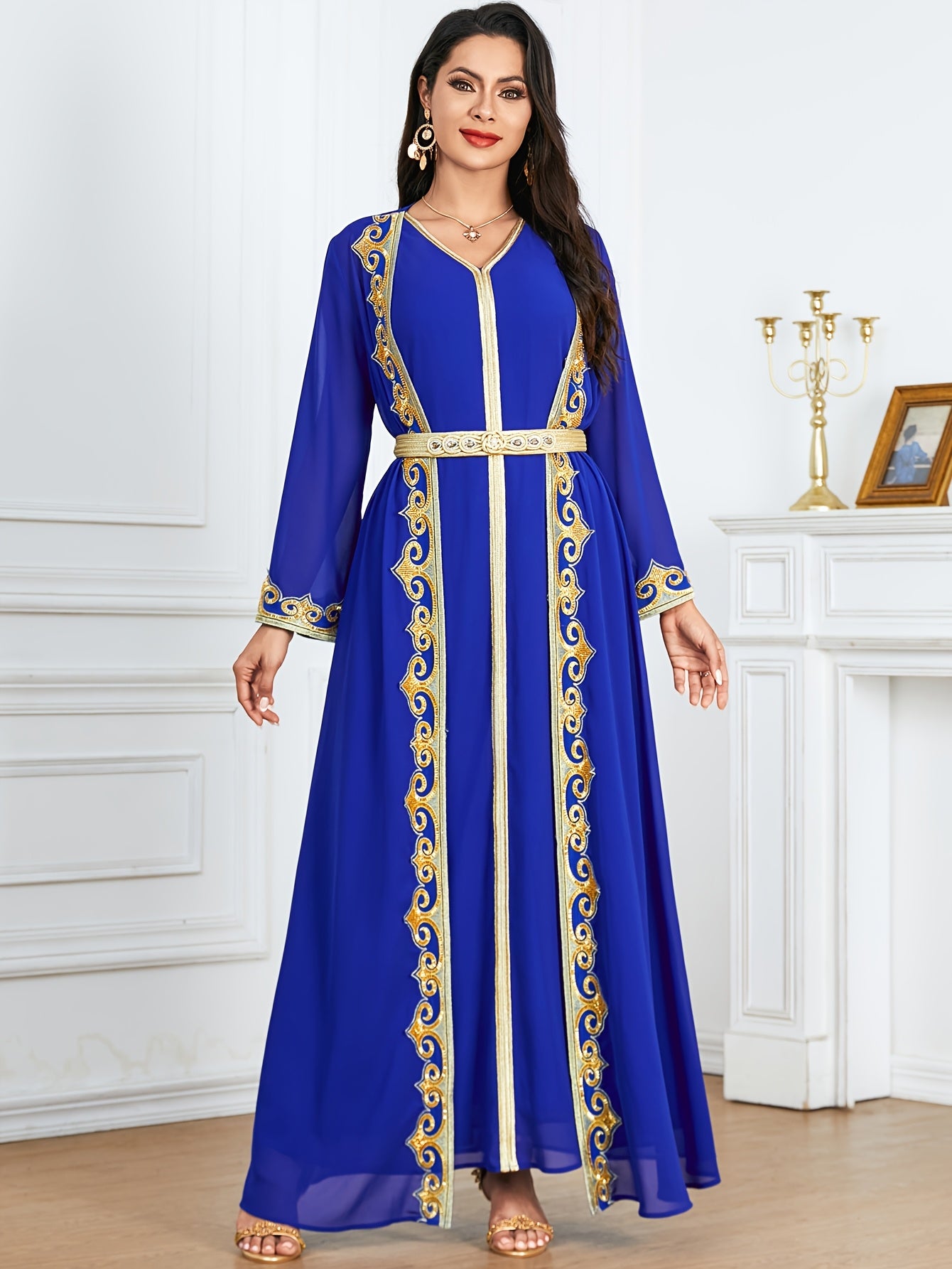 New Middle Eastern Emirati Abaya Dress + Cardigan Lace Embroidery Long Sleeve Two-Piece Robe Dress