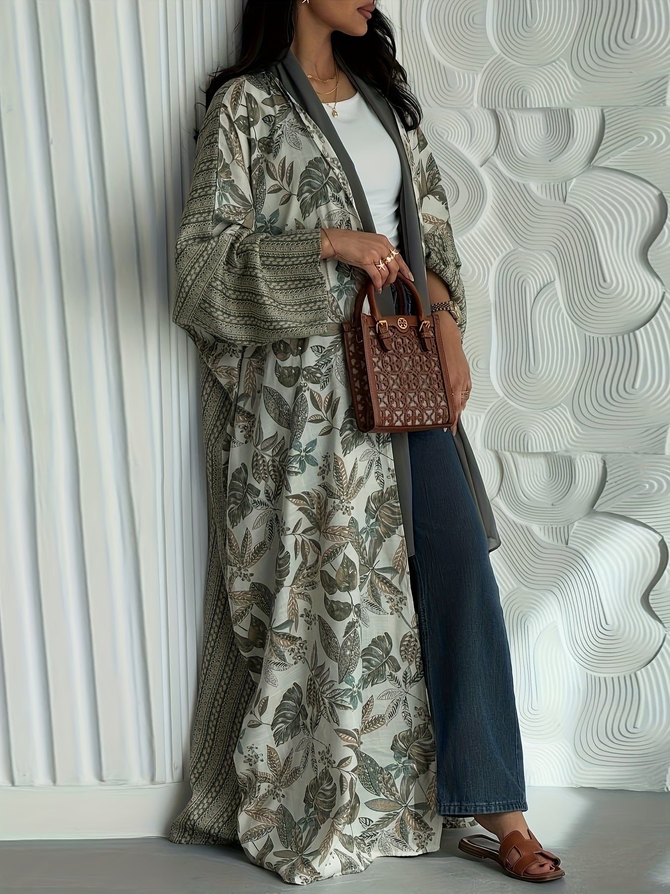 Elegant Asymmetrical Hem Kimono Abaya Robe - Long Sleeve Solid Color Arabic Turkish Style Outerwear, Machine Washable All-Season Casual Chic Cover-Up for Women