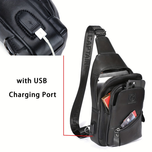 Men's Genuine Leather Sling Bag | Adjustable Crossbody & Chest Pack with USB Charging Port, Multiple Zipper Pockets