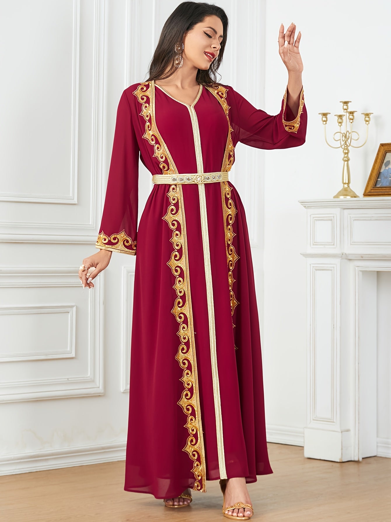 New Middle Eastern Emirati Abaya Dress + Cardigan Lace Embroidery Long Sleeve Two-Piece Robe Dress