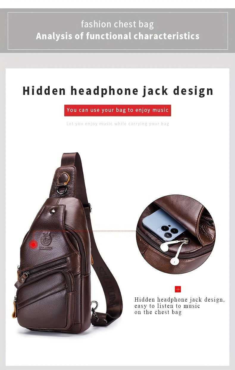 Men's Top Layer Cowhide Sling Bag, Genuine Leather Crossbody Bag, Retro Fashion Commuter Bag Multi-functional Travel Slant Shoulder Bag