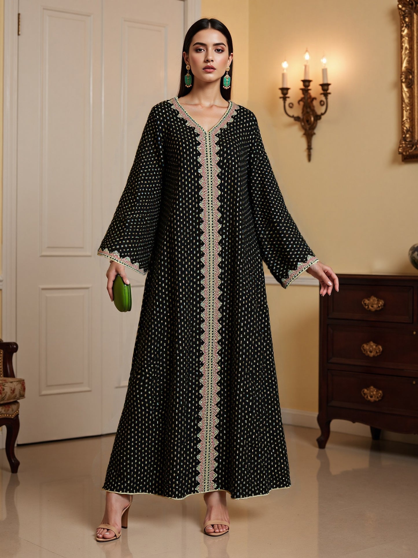 Elegant V-Neck Long Sleeve Baju Abaya Dress for Women - Green & White Polka Dot, Loose Fit with Pockets, Perfect for Daily Wear, Spring/Fall Fashion, Casual Attire | V-neck Dress | Polyester Fabric