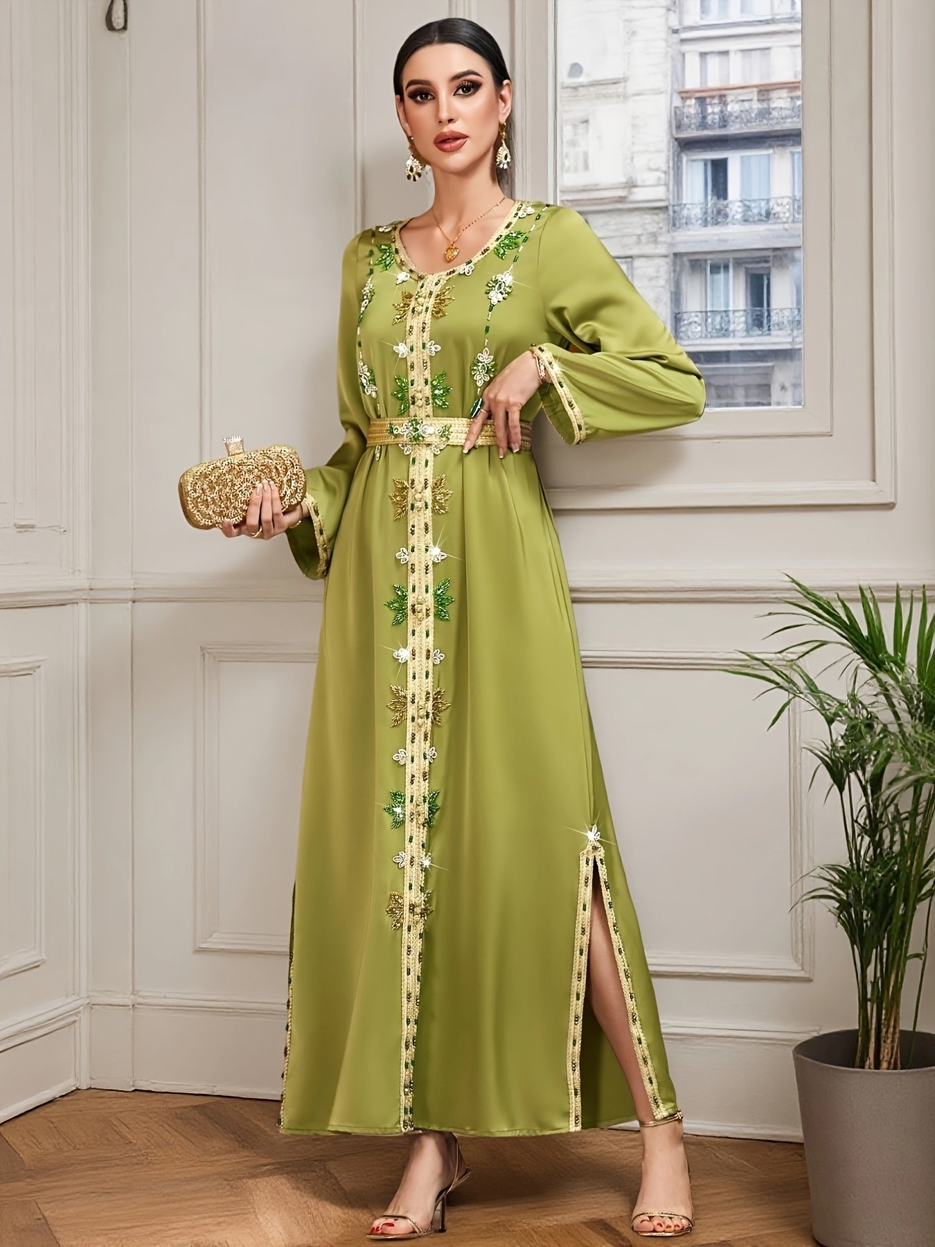 Women's Olive Green Emirati Abaya Gown with Sparkling Rhinestone Embellishments, Long Sleeves, and Belted Waist - Elegant Floor-Length Dress for Spring/Summer, Polyester Blend, Machine Washable