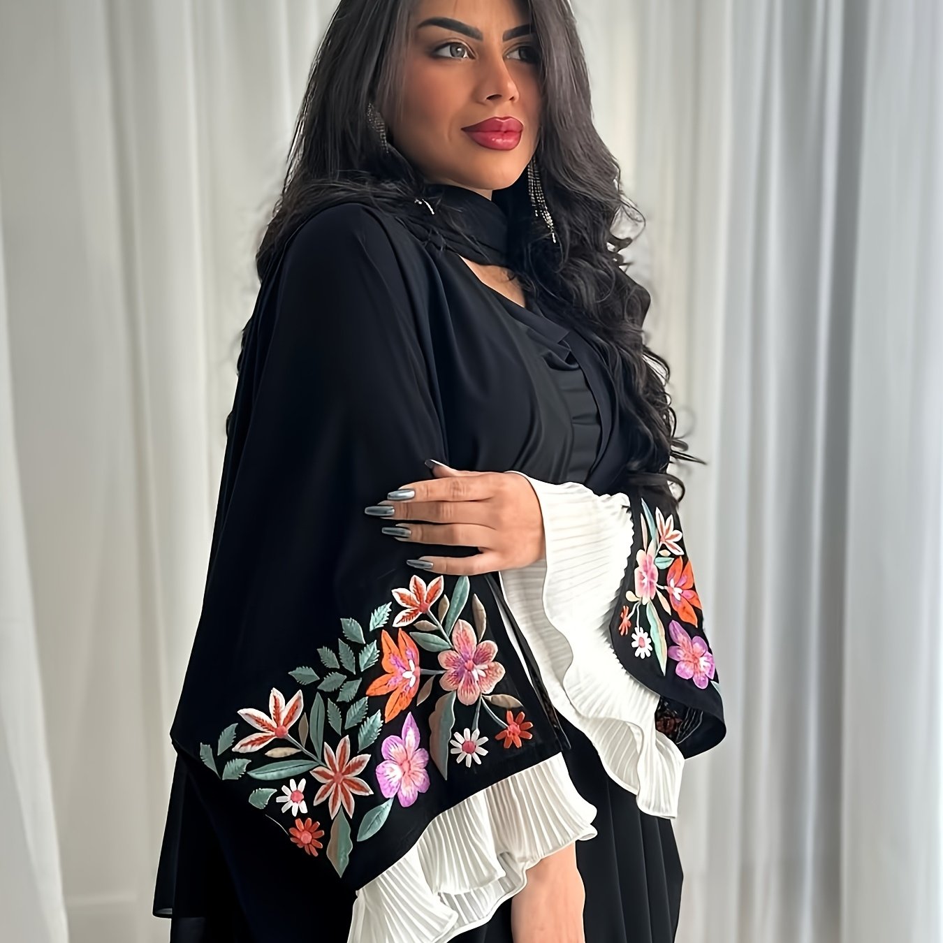 Women's Elegant Arabic Abaya Robe - Modest Islamic Full Coverage Long Dress with Floral wrist Accents, Black Formal & casual Muslim gown for Everyday Special Occasions, Versatile Layering Piece, Stylish Sheer Overlay, Delicate