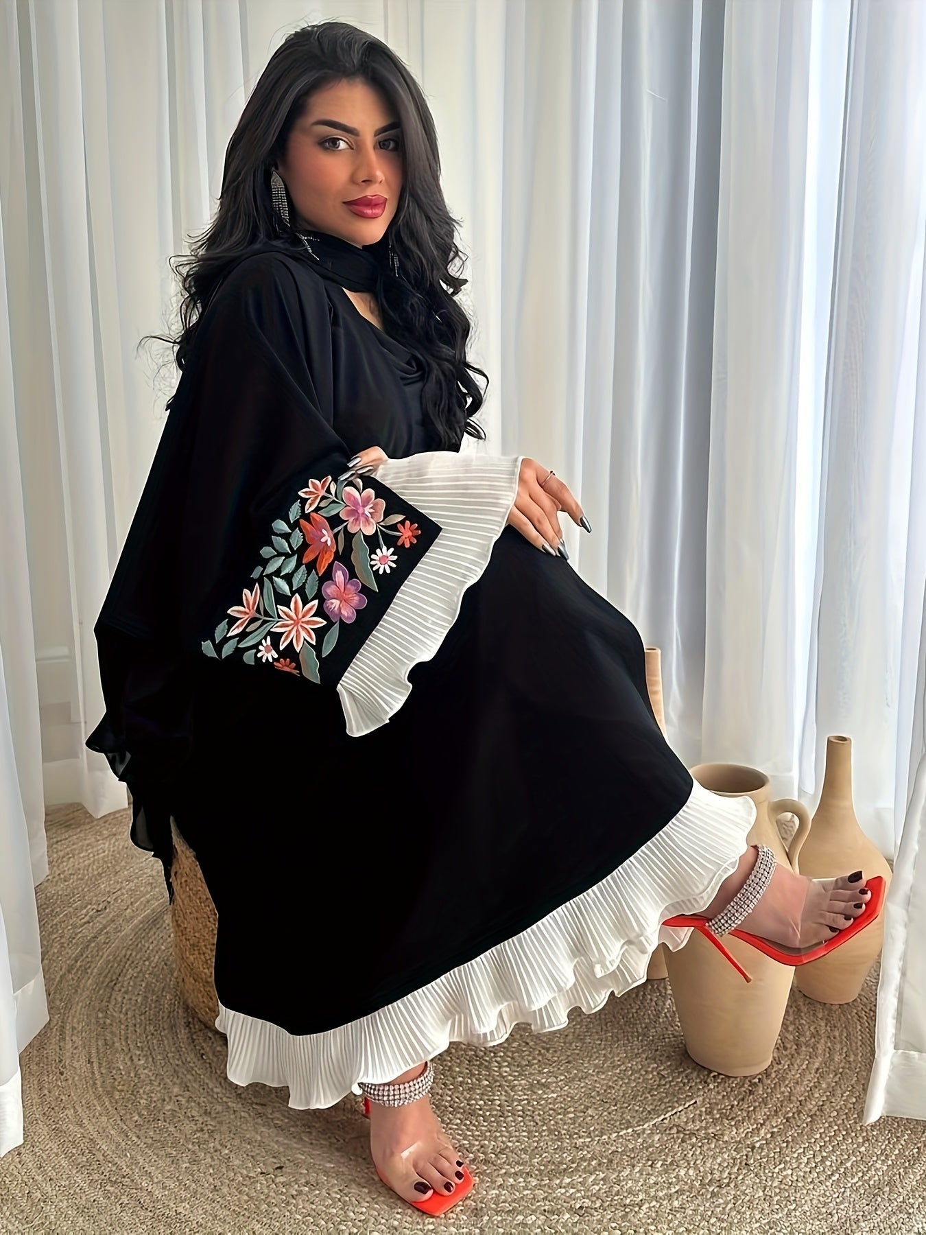 Women's Elegant Arabic Abaya Robe - Modest Islamic Full Coverage Long Dress with Floral wrist Accents, Black Formal & casual Muslim gown for Everyday Special Occasions, Versatile Layering Piece, Stylish Sheer Overlay, Delicate