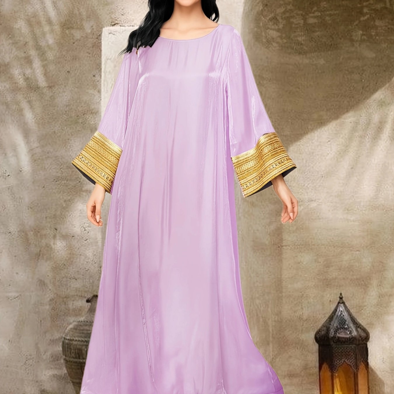 Women's Elegant Islamic Baju Abaya Dress - Long Sleeve Flowy Swing Dress in Pastel Lavender, Non-Stretchy Formal & Everyday Muslim Dress for Prayer, Office, Social Events