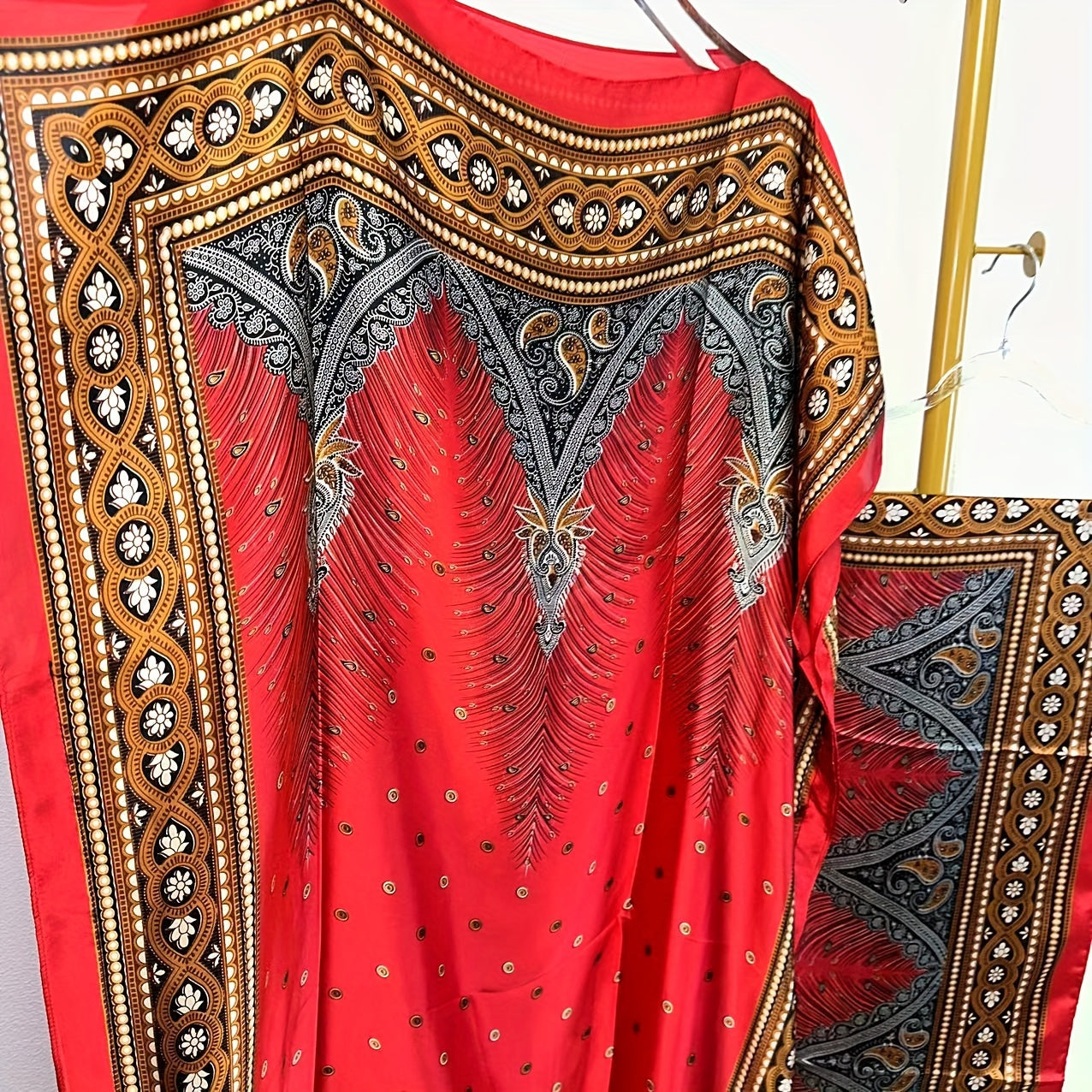 Women's Elegant Short Sleeve Loose Fit Long Dress - Traditional Middle Eastern Baju Abaya with All-Over Floral Print, Adjustable Waist Belt & Boat Neck Scarf - Breathable Machine-Washable