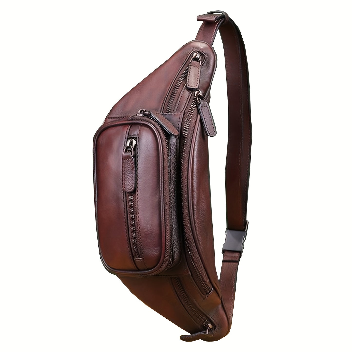Premium Genuine Leather Fanny Pack for Men & Women - Adjustable Sling Bag with Multiple Zipper Pockets, Brown Leather Crossbody Chest Bag