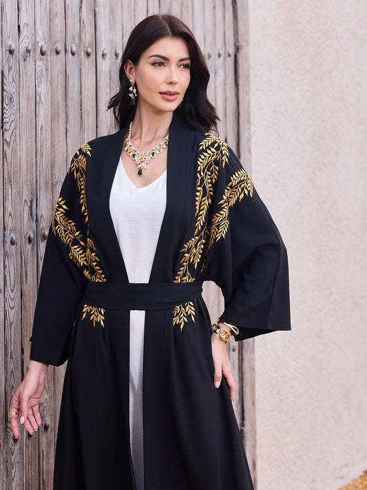 Hot New Floral Women's Turkish Abaya with Belt - Heavy Embroidery Golden Muslim Long Robe, Black Casual Autumn/Winter Turkish Party Evening Gown for Eid al-Adha and Special Occasions