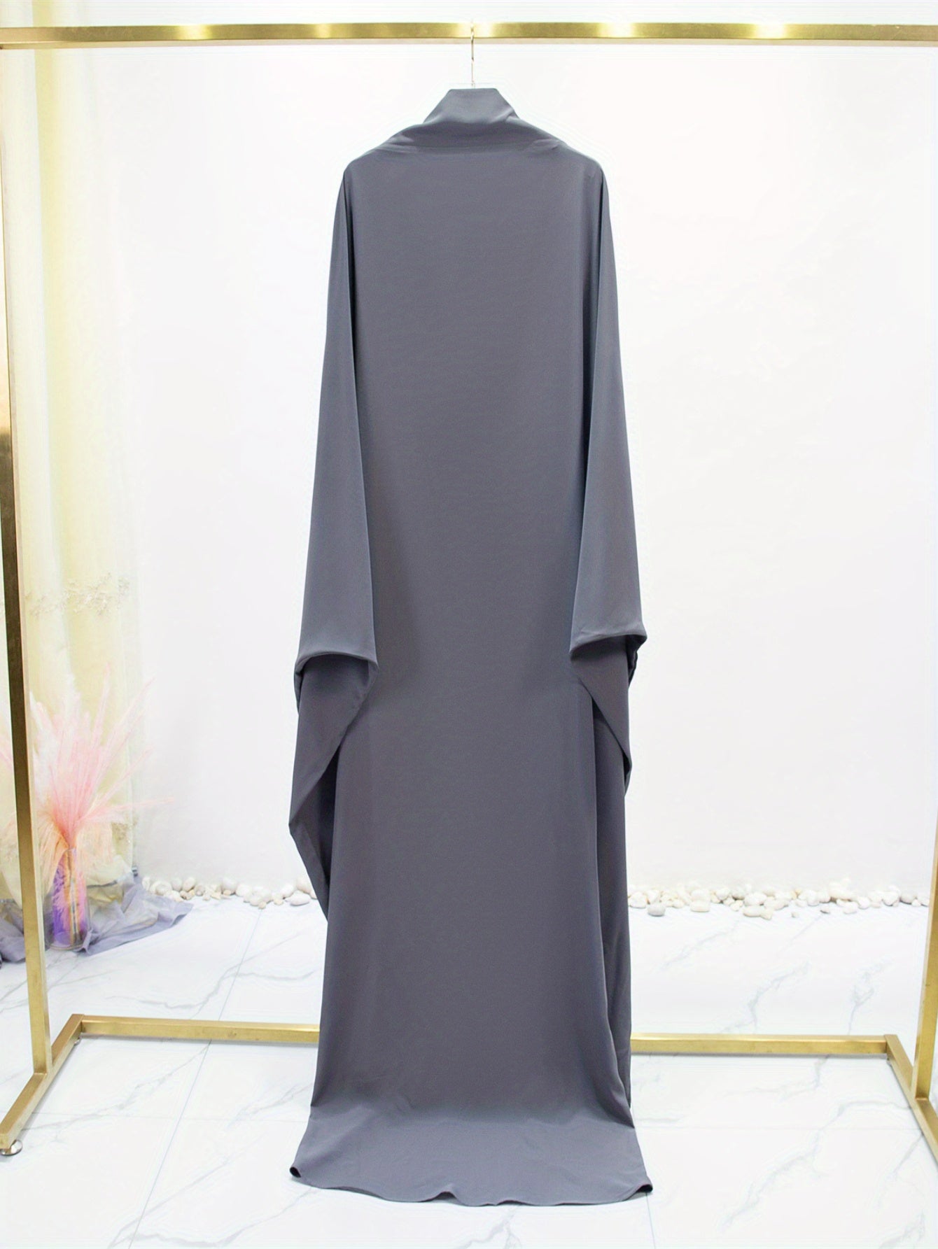 Elegant Solid Black Baju Abaya Prayer Dress - Loose Fit Batwing Sleeves Long Sleeve Ramadan Abaya with Hijab Headscarf, Traditional Middle Eastern All-Season Long Robe for Women