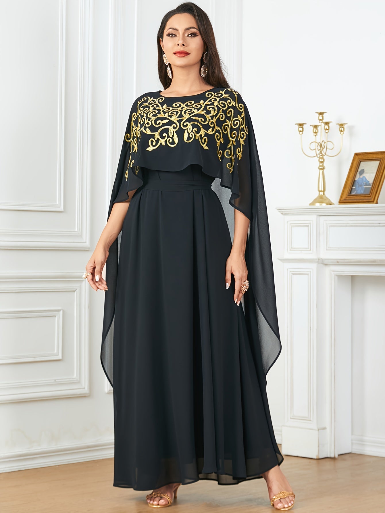 Stylish Long Cape with Lace Edge and Embroidery, Two-piece Set, Robe with Waistband and Body-hugging Abaya Dress