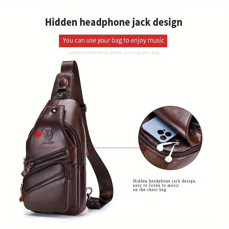 Men's Top Layer Cowhide Sling Bag, Genuine Leather Crossbody Bag, Retro Fashion Commuter Bag Multi-functional Travel Slant Shoulder Bag