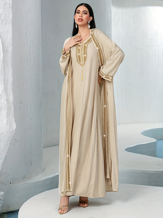 2pcs Traditional Style Beige Hand-Embroidered Rhinestone with Woven Belt, Polyester Long Emirati Abaya Gown Set, Solid Color, Non-Stretch Fabric, Long Sleeve, Regular Fit, All-Season