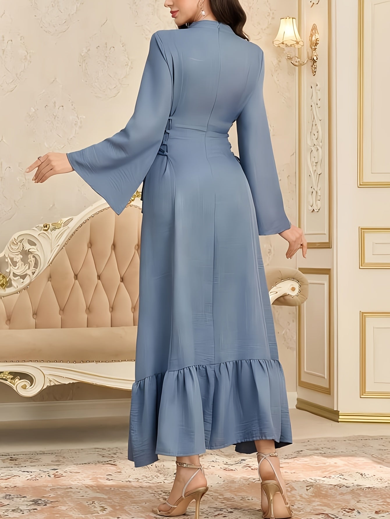Elegant Middle Eastern-Inspired Women's Baju Abaya with Stand-Up Collar & Adjustable Waist Tie - Sleeve Solid Color Traditional Attire, Machine Washable for All-Season Wear