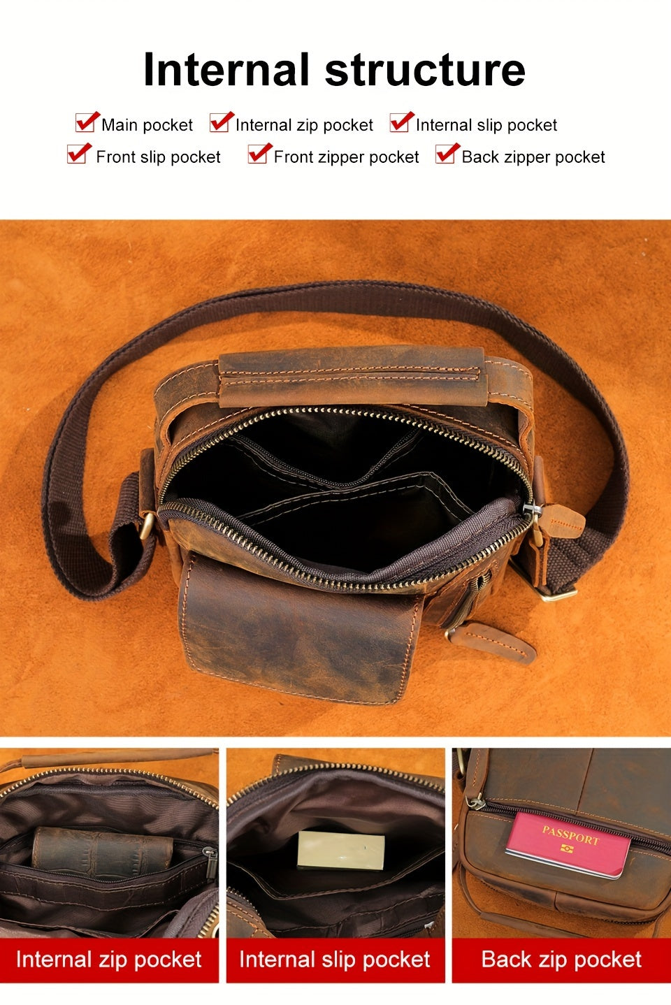 Crazy Horse Leather Shoulder Bag For Men, Fashionable Sling Bag For 7.9-in Tablet, Retro Crossbody Bag For Hanging Out & Daily Commute