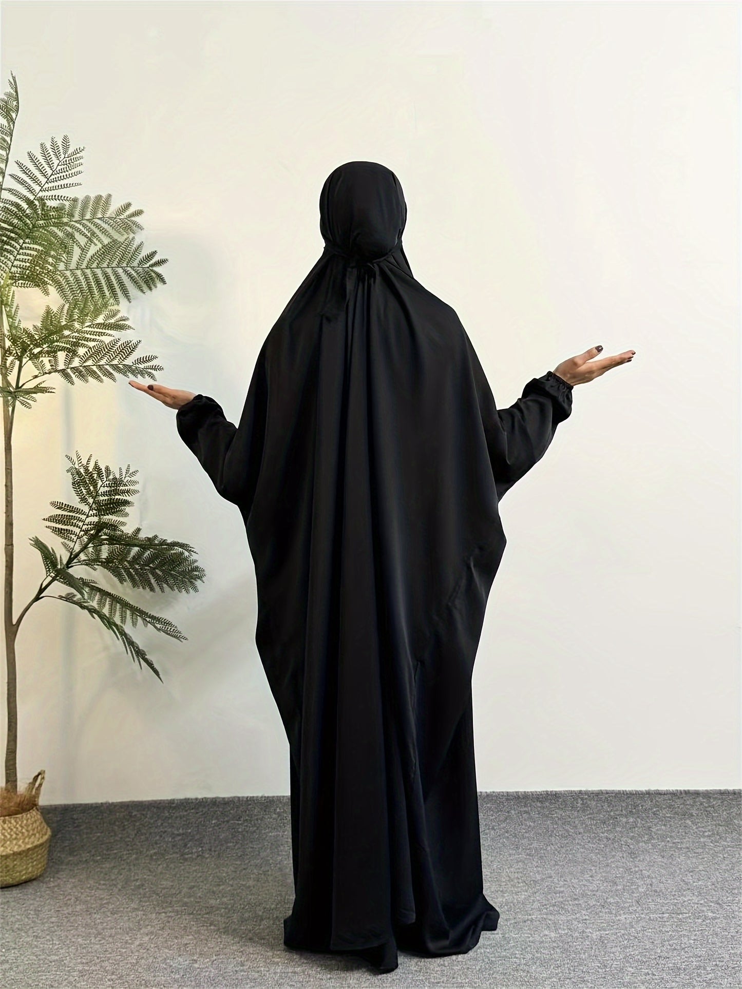 Elegant Black Hijab Dress for Women - Long Sleeve Smocked Abaya Kaftan with Hooded Prayer Abaya Burqa, Polyester Islamic Modest Clothing for Ramadan & Daily Wear