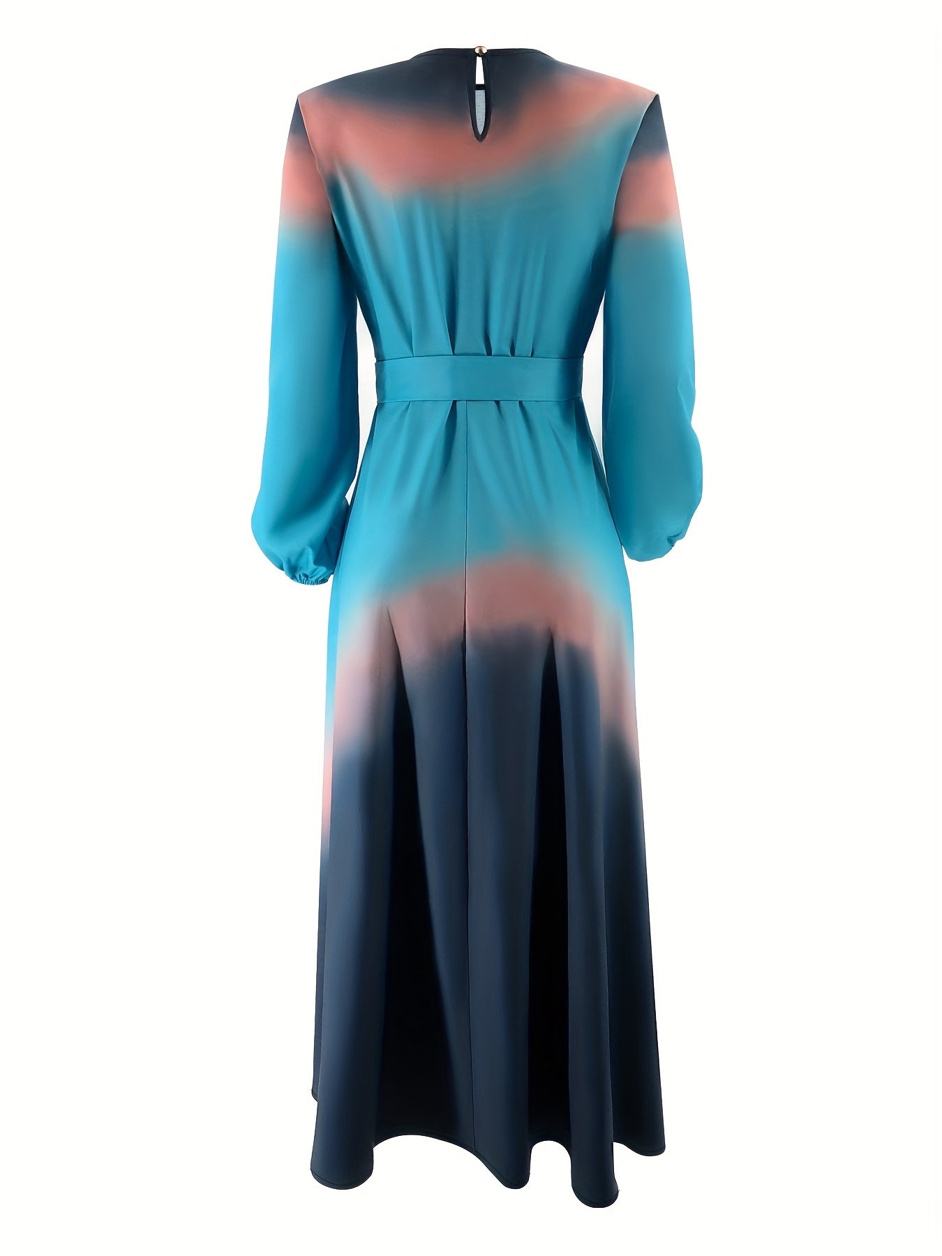 Women's Middle Eastern Muslim Baju Abaya Kaftan Dress - Teal to Orange Gradient Long Sleeve Long Dress, Machine Washable All-Season Modest Traditional Attire for Casual & Formal Occasions