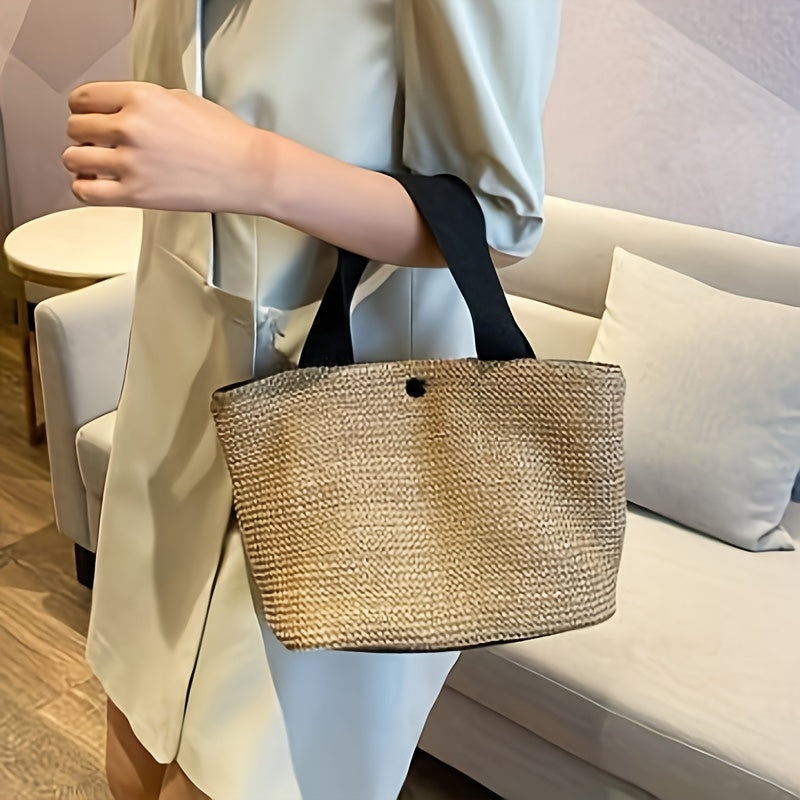 Women's Fashion Woven Tote Handbag | Summer Beach Bag | Casual Vacation Accessory | Fabric Lining | Buckle Closure