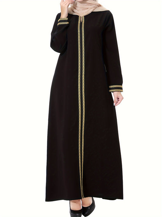 Navy Blue Muslim Kaftan Dress | Elegant Jibab Abaya, Golden Embroidery, Sleeve, Loose Fit, Maxi Length, Hijab-Friendly Design, All-Season Wear