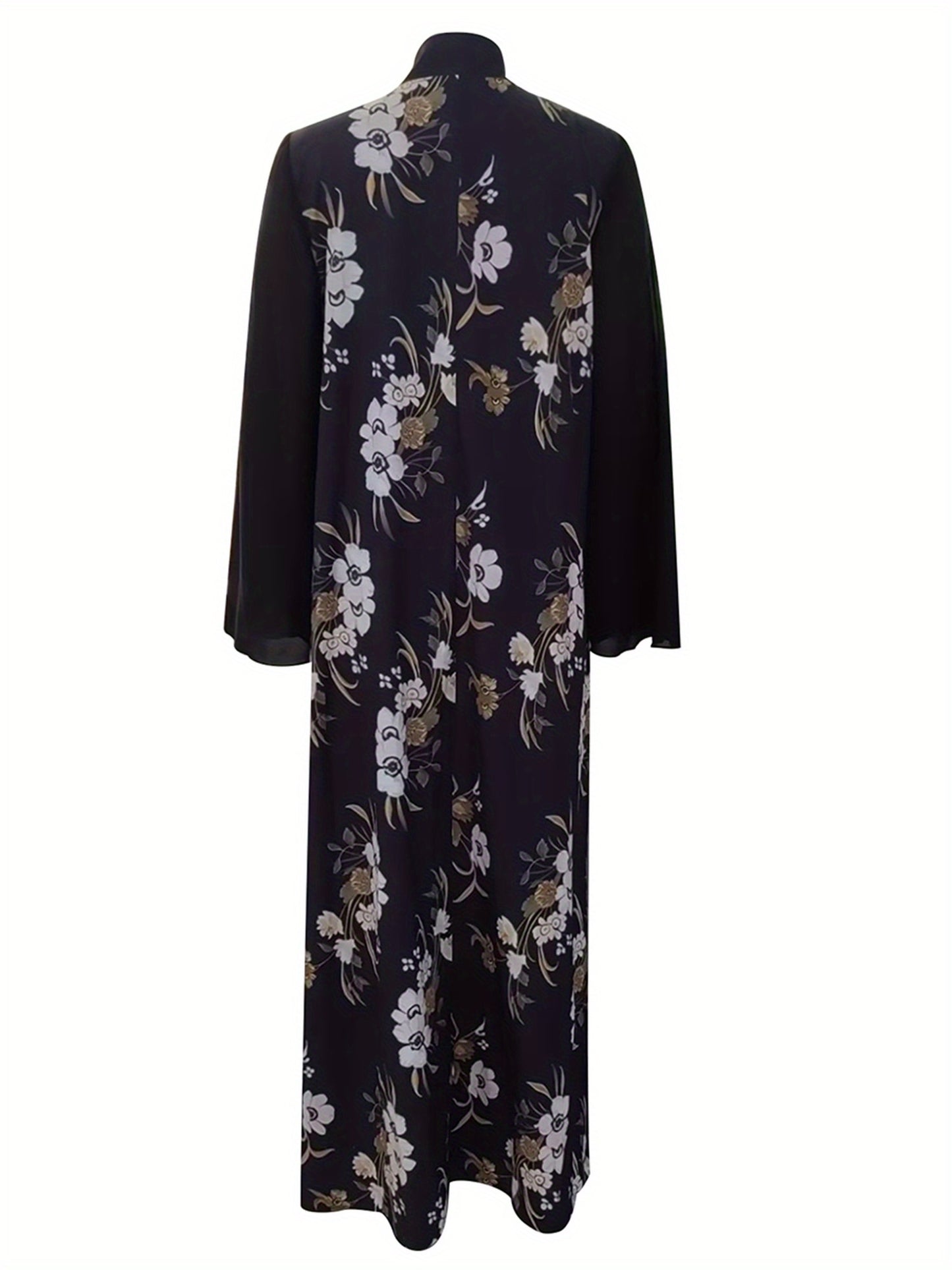 Elegant Black & White Floral Print Long Sleeve Kaftan Gown for Women - Loose Kimono Abaya with Golden Accents, Perfect for Spring and Summer Casual Wear, Comfortable Clothing