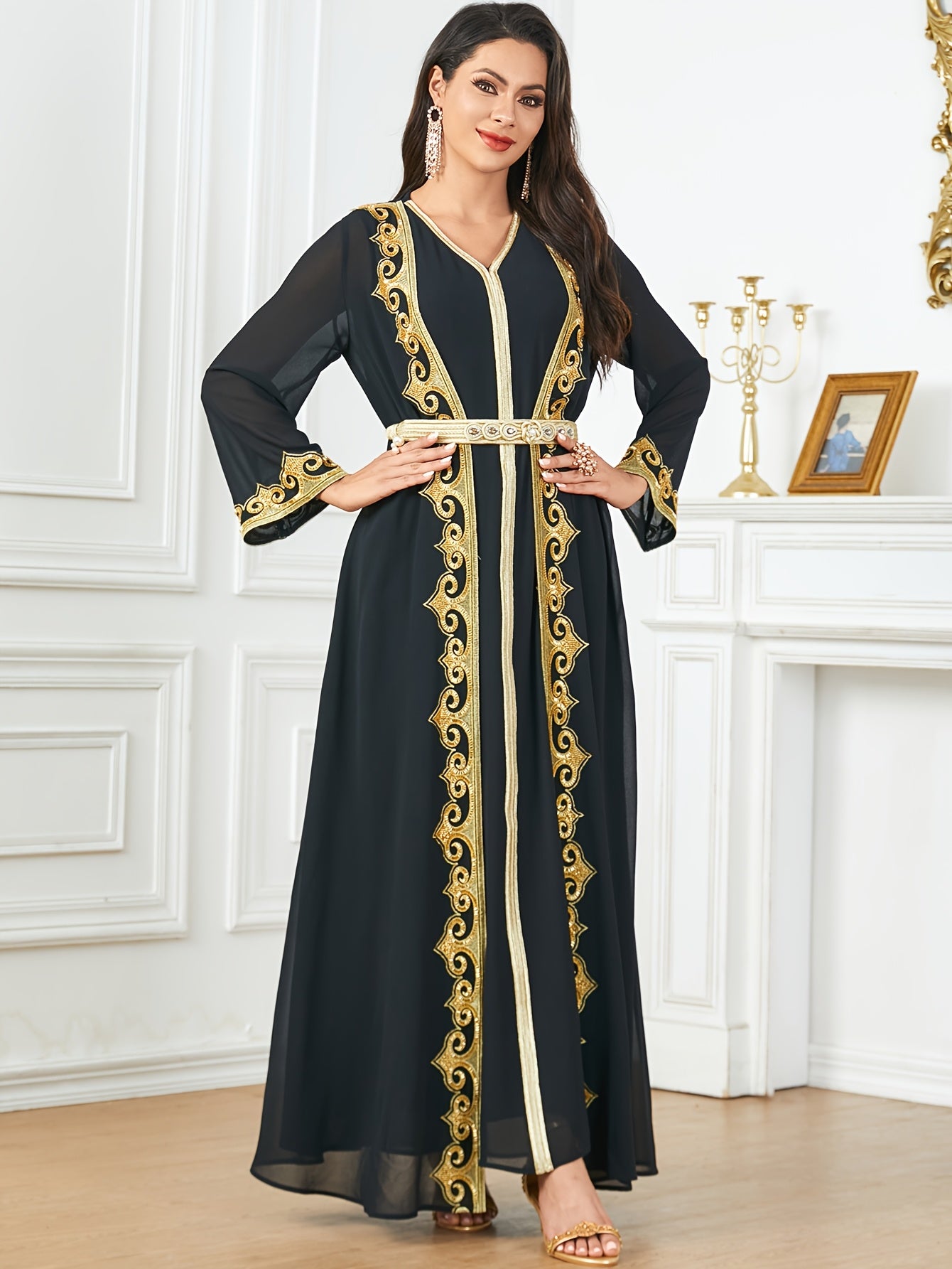 New Middle Eastern Emirati Abaya Dress + Cardigan Lace Embroidery Long Sleeve Two-Piece Robe Dress