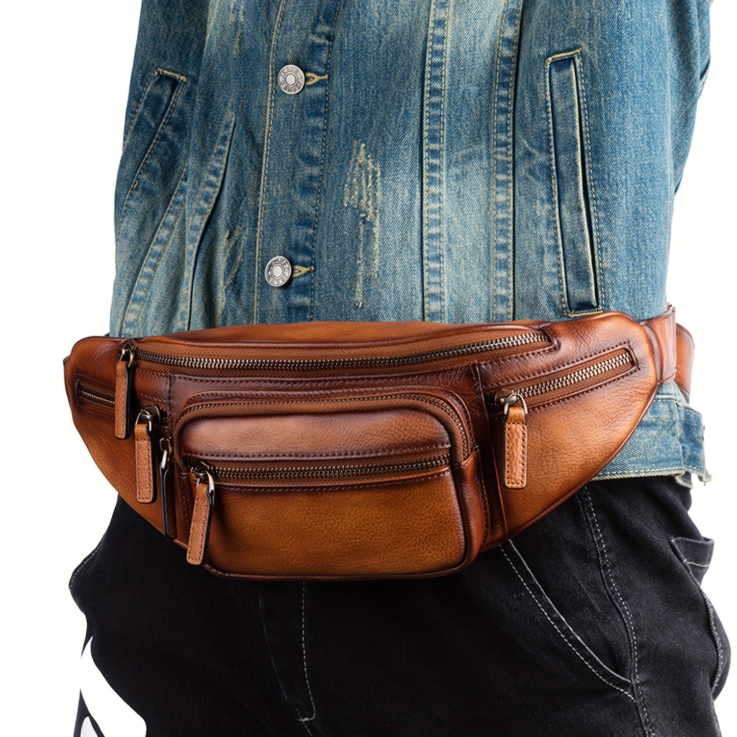 Premium Genuine Leather Fanny Pack for Men & Women - Adjustable Sling Bag with Multiple Zipper Pockets, Brown Leather Crossbody Chest Bag