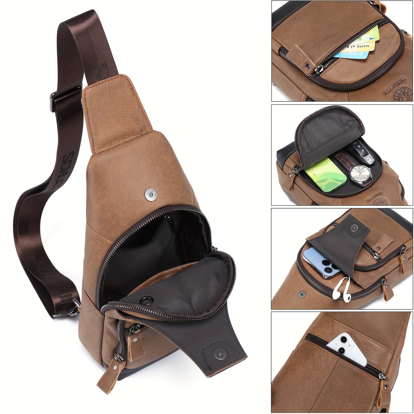 Genuine Top-Grain Leather Sling Bag - Casual Chest Pack for Men and Women, Crossbody Shoulder Daypack with Zipper Closure
