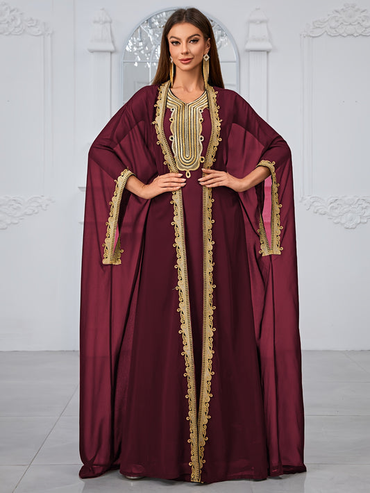 Elegant Women's Embroidered Lace Evening Dress Gown - Maroon & Golden Two-Piece Set with Intricate Lace Detailing, Perfect for Formal Events, Formal Evening Wear|Lace Embroidery|Elegant Gown Abaya